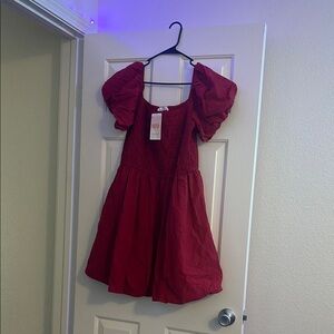 Pink/Red Dress with Puff Cap Sleeves